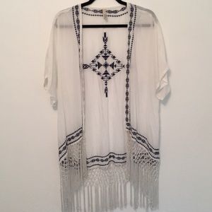 White and Navy Fringe Kimono